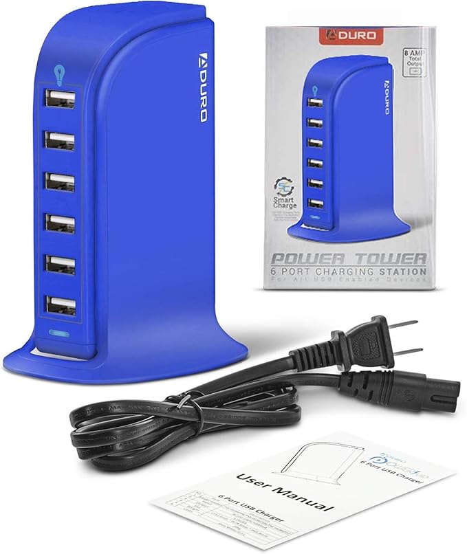 Aduro 40W 6-Port USB Desktop Charging Station Hub Wall Charger for iPhone iPad Tablets Smartphones with Smart Flow (Blue)