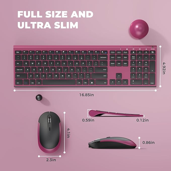 Rechargeable Wireless Keyboard and Mouse Combo, Vssoplor 2.4GHz Ultra Quiet & Slim Full Size Keyboard with 3-Level DPI Mouse for Windows PC Laptop, Black and Wine Red