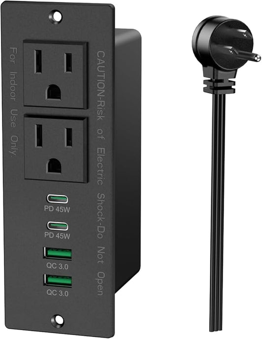 45W USB C Recessed Power Strip, Recessed Outlet with 2AC & 2 PD USB C + 2 QC USB-A Ports, Flush Mount Furniture Hidden Drawer Fast Charging Station for Home Office-6FT