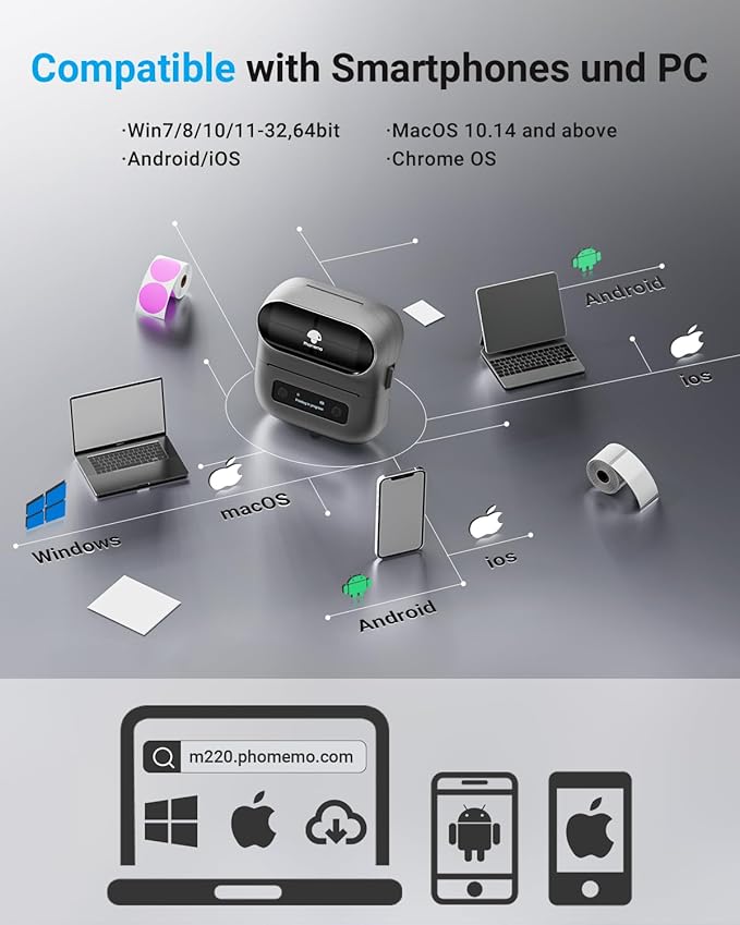 Phomemo Label Printer, M220 Thermal Bluetooth Barcode Label Maker, for Home, Office, School with Printer Case, Compatible with Phone & Laptop