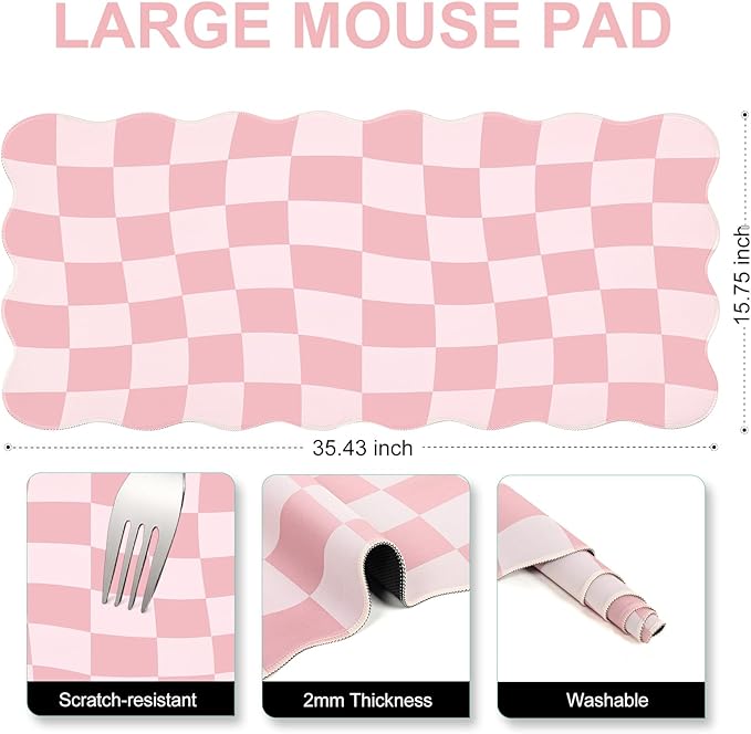 L-SPOUTTO Pink Mouse Pad,Geometric Desk Mat XXL Large Scalloped Gaming Mousepad,35.4x15.7in Non-Slip Rubber Base Keyboard Pad Waterproof Desktop Mat for Laptop Computer Game Home Office-Checkered