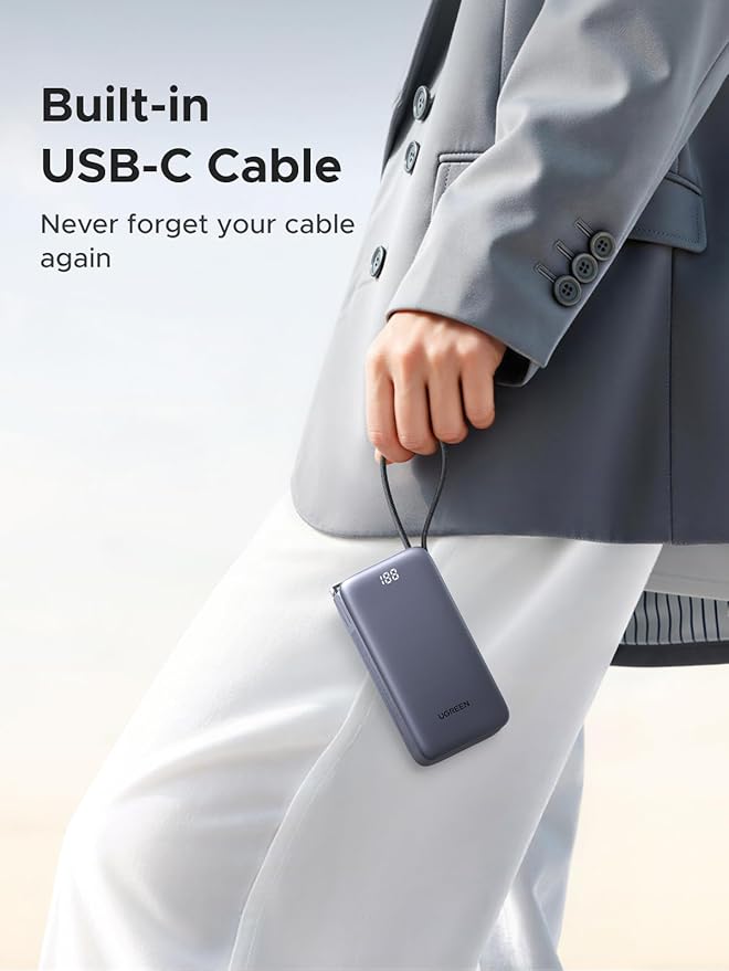 UGREEN 3-in-1 10000mAh 45W Power Bank with Integrated USB-C Cable, Foldable 65W Type-C Charger, Portable USBC Battery Pack and A Fast Charger, Compatible with iPhone 17/16, Galaxy S26/S25