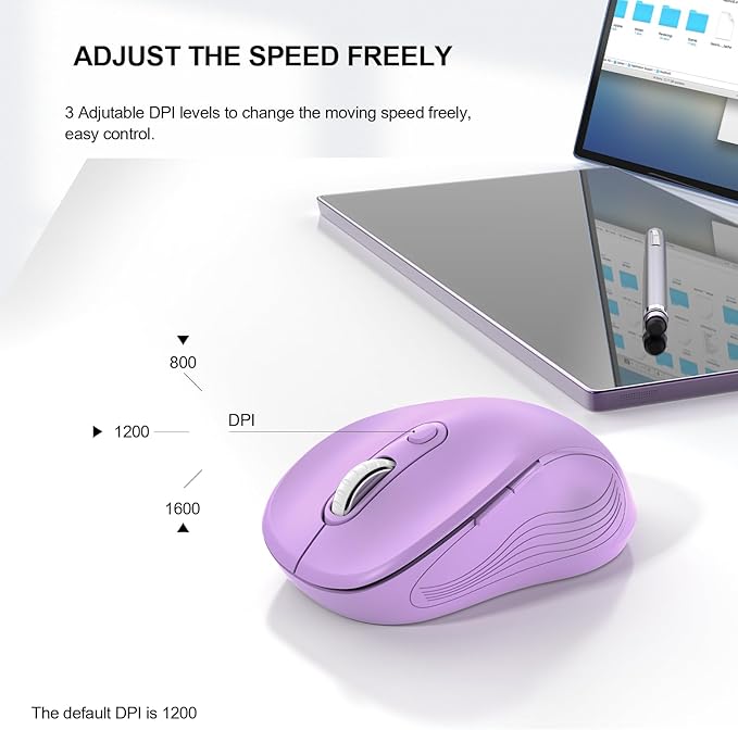 WisFox 2.4G Wireless Mouse for Laptop, Ergonomic Computer Mouse with USB Receiver and Type-C Adapter, 3 Adjustable Levels DPI, 6 Button Cordless Wireless Mice (Lilac, 1 Pack)