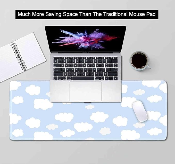 Cute Desk Pad, Blue Sky with Clouds Desk Mat, Large Mouse Pad, Protector Pad, Non-Slip Rubber Base with Stitched Edges Deskmat Writing Mat for Computer Laptop Office,31.5 X 11.8 in