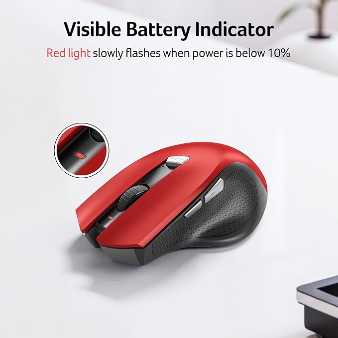 acer Wireless Mouse for Laptop, 2.4GHz Computer Mouse 3 Adjustable DPI Office Cordless USB Mice with USBA Receiver, 6 Buttons, 1600 DPI, Medium to Large Sized Hands (Red)
