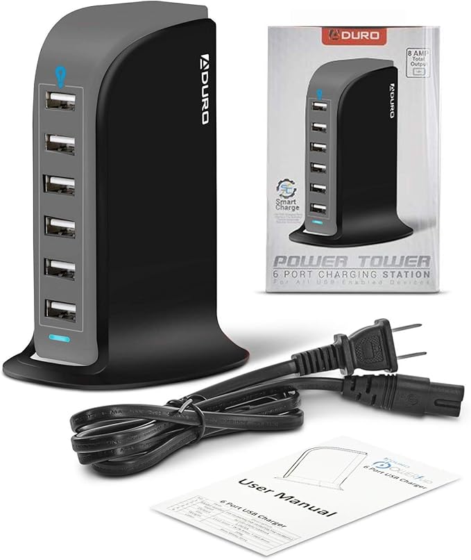 Aduro 40W 6-Port USB Desktop Charging Station Hub Wall Charger for iPhone iPad Tablets Smartphones with Smart Flow (Black/Grey)