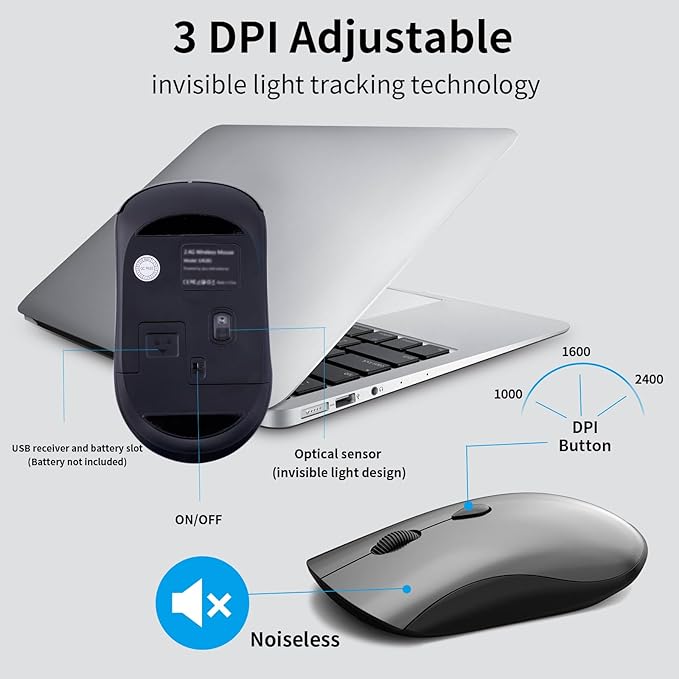 Wireless Mouse and Keyboard Combo, Silent Full-Size Computer Keyboard with Calculator Button, 2400 DPI Mouse, Quiet Click, Slim Cordless USB Set for Laptop PC Windows Mac - Space Grey