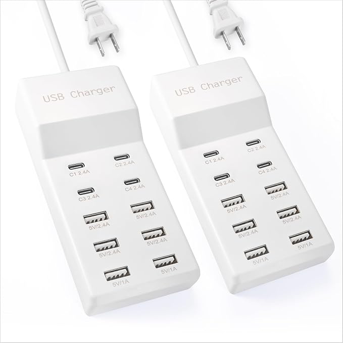 USB Charging Station with 6 USB-A & 4 USB-C Ports, 50W 10A USB Charging Block for Smart Phone, Tablet, Laptop, Multiple Devices - USB Power Strip with Auto-Detect Technology (2 PCS)