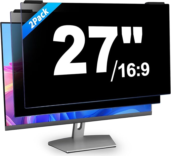 2 Pack 27 Inch Computer Privacy Screen Filter, 9H Hardness Anti-Scratch Shield for 27" Widescreen Monitor(16:9), Hanging Design for Open Office & Cubicle, Reduce Blue Light & Eye Strain