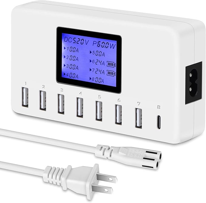 60W 12A 8-Port USB Charging Station - Multi Port USB Hub Charger with LCD Display - Compatible with iPhone, iPad, Samsung, Kindle, Tablet, Bluetooth Earbuds and More