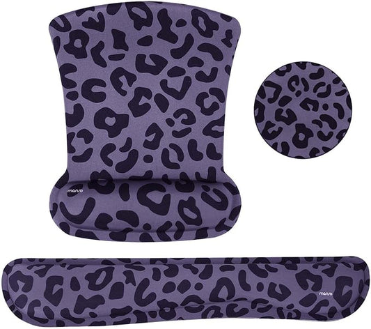 MOSISO Wrist Rest Support for Mouse Pad&Keyboard Set, Leopard Grain Ergonomic Mousepad&Coaster Non-Slip Base Home/Office Pain Relief&Easy Typing Cushion with Neoprene Cloth&Raised Memory Foam, Purple