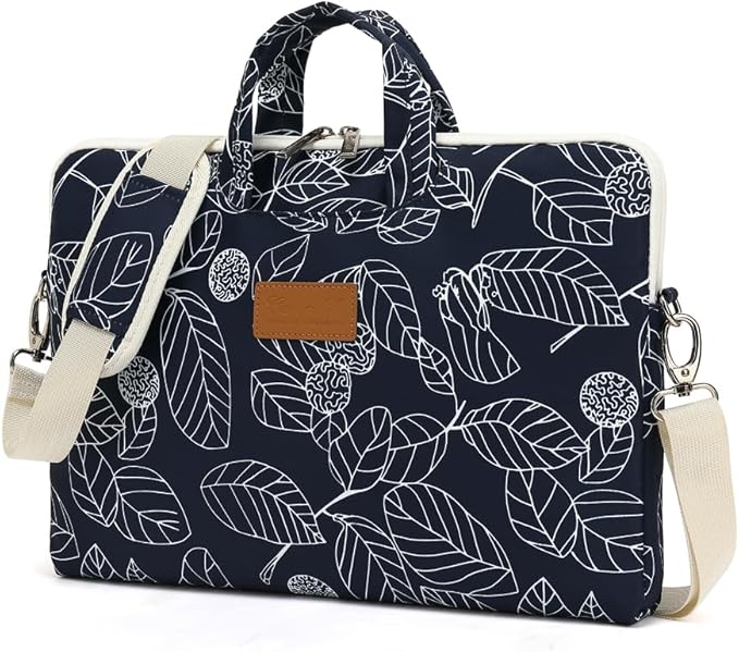 canvaslife Patten Waterproof Laptop Shoulder Messenger Bag Case Sleeve for 14 Inch 15 Inch Laptop Briefcase 15.6 Inch (Blue leaves)