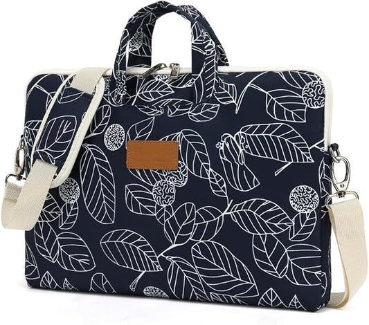 canvaslife Patten Waterproof Laptop Shoulder Messenger Bag Case Sleeve for 14 Inch 15 Inch Laptop Briefcase 15.6 Inch (Blue leaves)