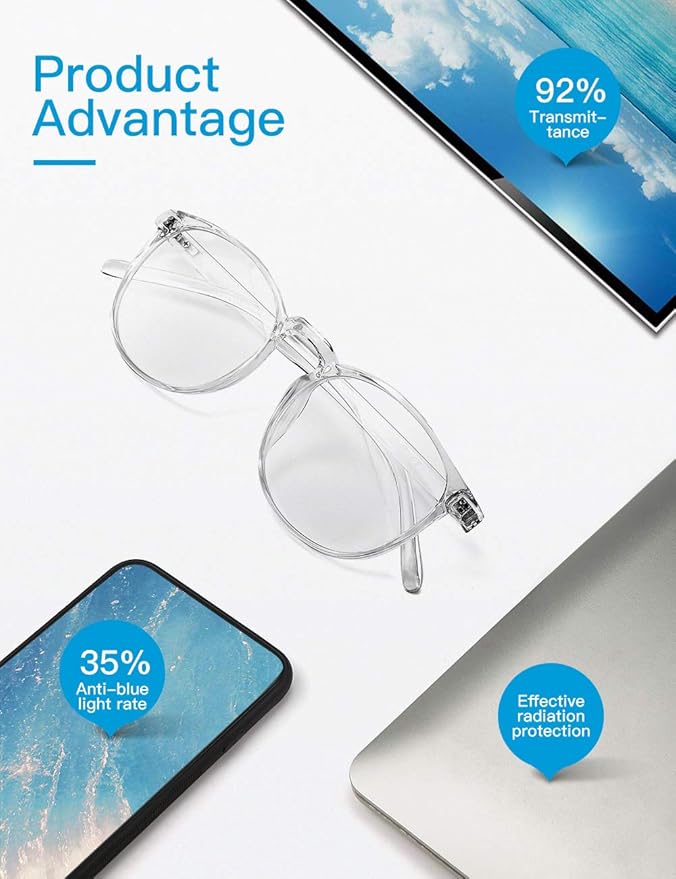 CNLO Blue Light Blocking Glasses,Computer Glasses,Anti Eyestrain, Lightweight Frame Eyeglasses,Men/Women… (Crystal)
