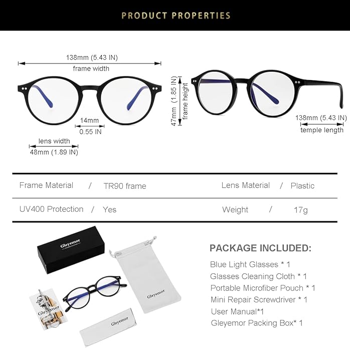 Gleyemor Blue Light Glasses for Men Women, Vintage Round Frame Computer Eyeglasses