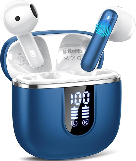 Wireless Earbuds, Bluetooth 5.4 Headphones with 3D Bass Stereo, 40H In-Ear Buds with 4 ENC Noise Cancelling Mic, Ultralight Bluetooth Earbuds USB-C LED, IP7 Waterproof Earphones for Android iOS, Blue