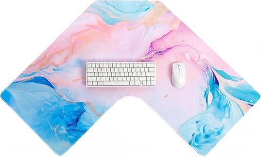 L Shaped Desk Mat for Corner, Large Extended Mouse Pad with Non-Slip Rubber Base, Blue&Pink Waterproof Desk Protector for Office & Gaming Setup