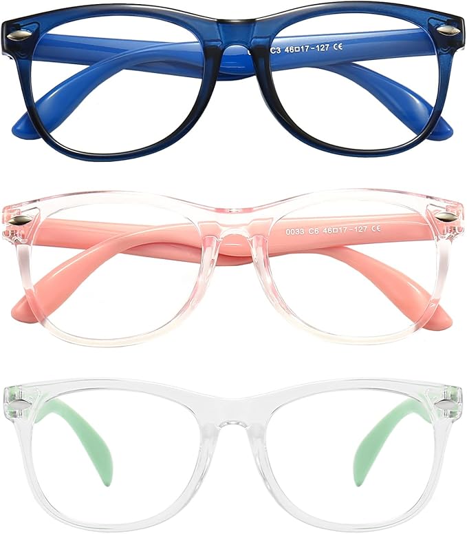 FANNYGO 3 Pack kids Blue Light Blocking Glasses For Girls And Boys Computer Blue Light Blocking Glasses For Age 3-9 (Dark blue + Light pink +Light green)