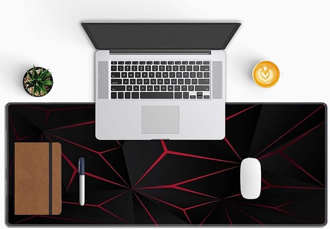 Mouse Pad Gaming, Large Mouse Pads for Desk, Keyboard Mouse Mat Desk Pad, Non-Slip Rubber Base with Stitched Edges Mousepad, 31.5x11.8 inch Abstract Polygonal Triangle Dark Red