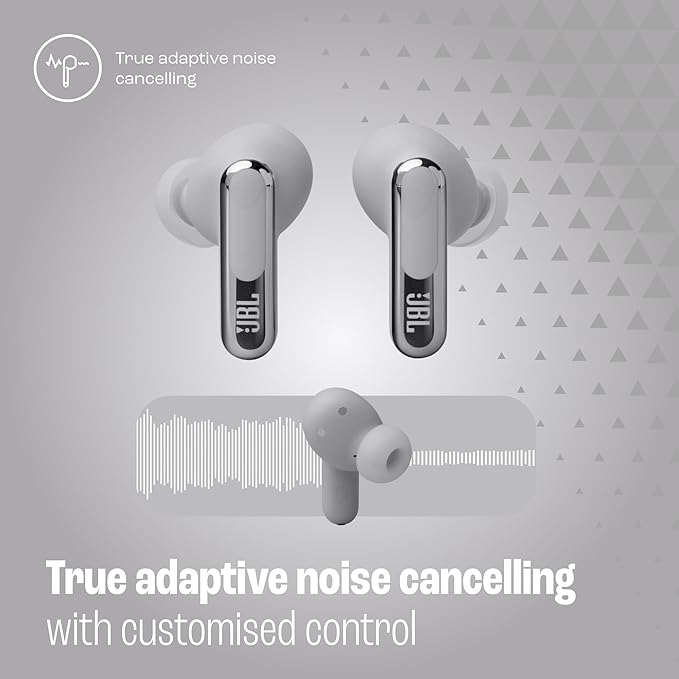 JBL Live Beam 3 - True wireless noise-cancelling stick-closed earbuds, 48Hrs total playback, Wireless Charging, 6 Mics for perfect calls, Multi-point connection, IP55 waterproof and dustproof (Silver)