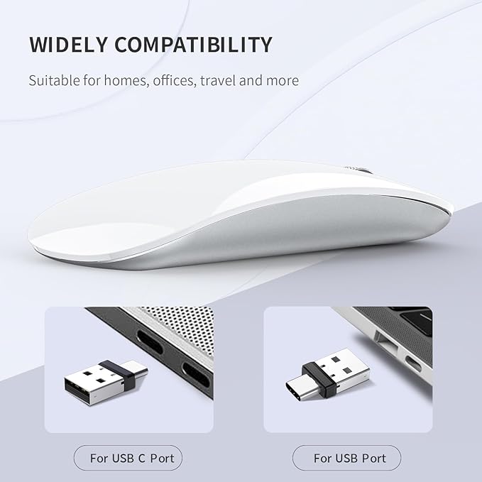 Uiosmuph G11 Wireless Mouse, USB C Rechargeable Computer Mouse, Slim Silent Mice 2.4GHz Optical with USB Nano Receiver and USB C Receiver for Laptop/Mac/PC - White