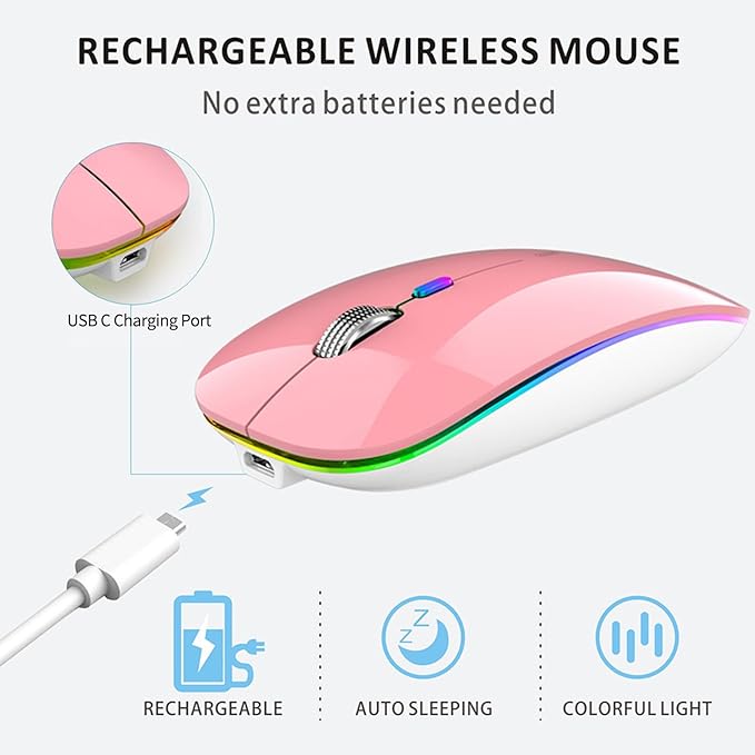 Uiosmuph LED Wireless Mouse, G12 Slim Rechargeable Silent Mouse, 2.4G Portable USB Optical Wireless Computer Mice with USB Receiver and Type C Adapter (Pink)