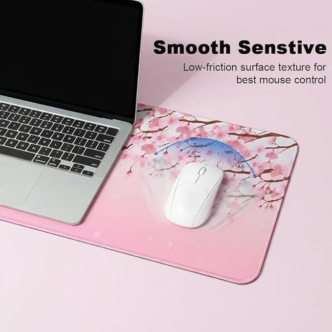 11.8x23.6 Inches Large Gaming Mouse Pad Mat with Stitched Edge Non-Slip Rubber Base Washable Resilient for Office Computers Laptop Table Mouse Pads Mats Accessory (Pink Flowers)