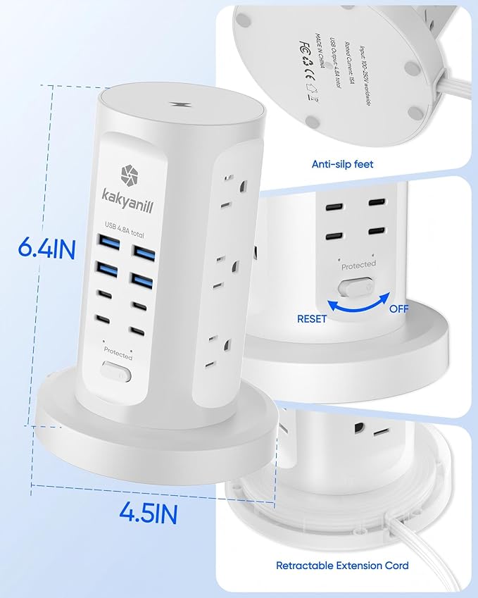 Power Strip Tower, kakyanill Surge Protector Tower 9 AC Outlets 8 USB (4 USB C), 6 Ft Retractable Extension Cord, Charging Station for Office Dorm Room, White