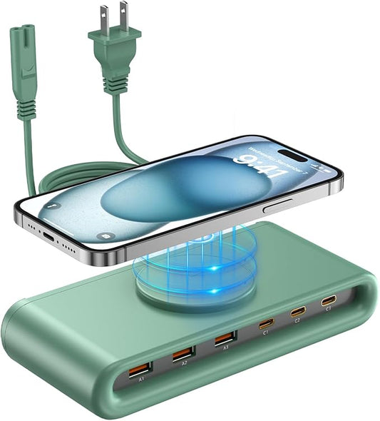 7-in-1 USB C Charging Station, 135W GaN 3.0 with 45W PD USB-C, 18W QC3.0 USB-A & 10W Magnetic Wireless Charger, Charge 7 Devices Simultaneously for iPhone 12-16/Samsung/MacBook/AirPods
