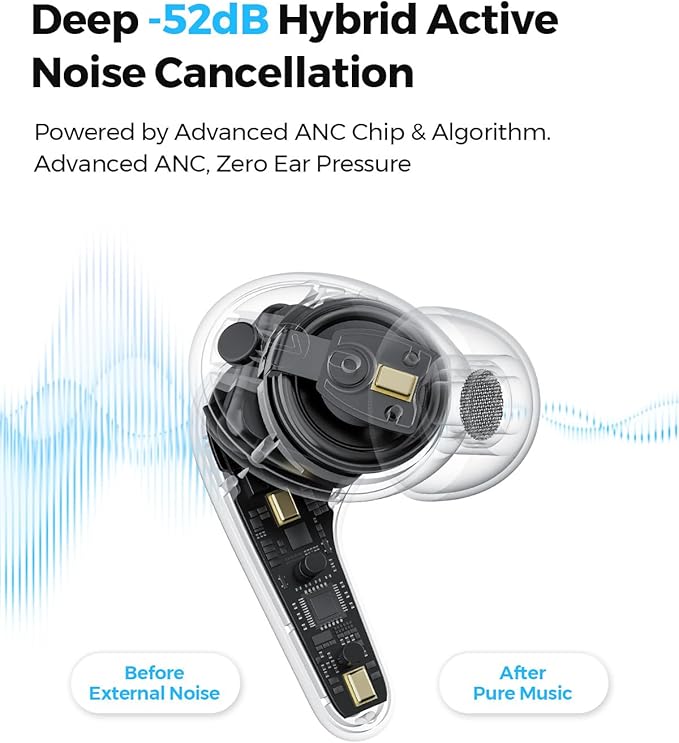 SoundPEATS C30 Hybrid ANC Earbuds, LDAC Hi-Res Audio, 52H Playtime, 52dB Adaptive Noise Cancelling Wireless Earbuds, 6-Mic Clear Call, 12mm Driver, Bluetooth 6.0, Multi-Point, IP54 - Beige