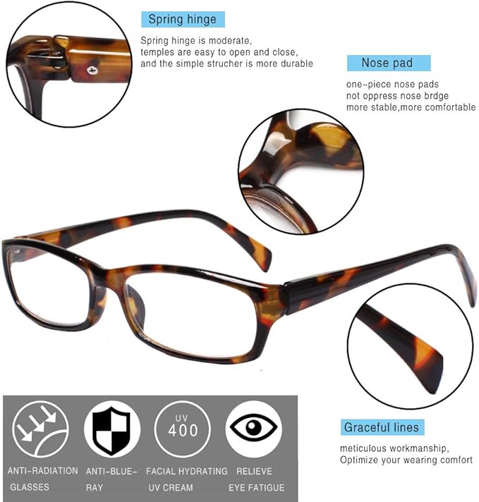 Henotin 5-Pack Reading Glasses Blue Light Blocking Anti Eyestrain Computer Reading Glasses for Women and Men Readers (5 Pack Mix Color, 1.50)