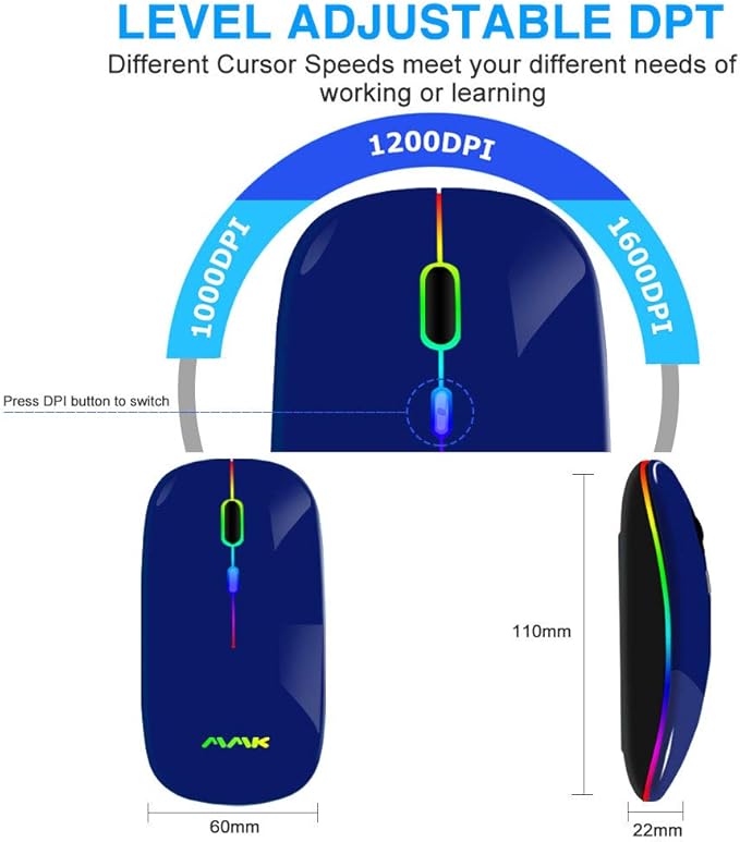 Wireless Bluetooth Mouse for Laptop, Rechargeable Mouse 2.4G USB Optical Wireless Mouse, LED Slim Dual Mode(Bluetooth 5.0 and 2.4G) Wireless for Laptop, PC, Mac OS, Android, Windows(Dark Blue)