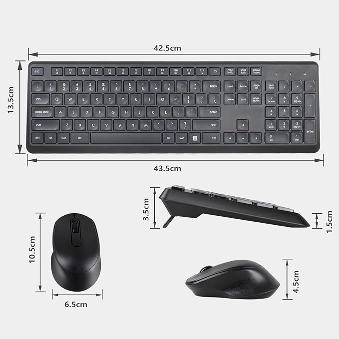 HUO JI Silent Wireless Keyboard and Mouse Combo, 2.4G Full-Size Thin Computer Keyboard Set, Quiet and Soft Ergonomic Wireless Keyboard Mouse for Windows, Laptop/PC/PS/Mac Desktop, Black