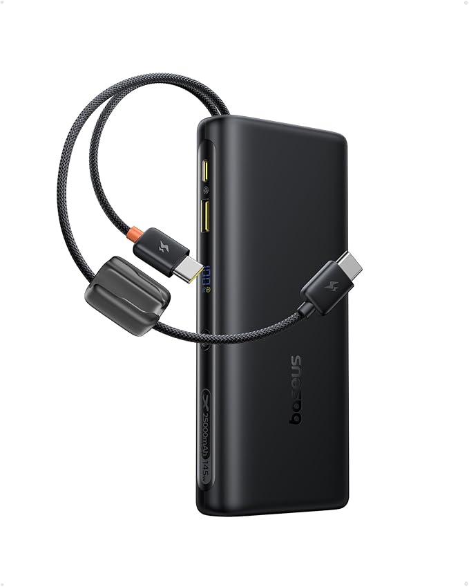 Baseus 25000mAh Power Bank, 140W Laptop Portable Charger with Dual Built-in USB-C Cables, PD3.1 Fast Charging Battery Pack for MacBook Pro/Air, iPhone 17/16/15/14, Galaxy S24, Steam Deck, iPad