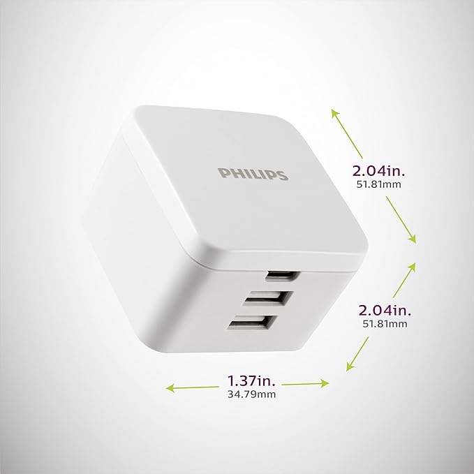 Philips iPhone USB Wall Charger Block, 20W 1 USB C Port, 2 Type A Port Charging Block for iPhone 15, 14, 13 Series, iPad, Power Adapter Cube, Foldable Plug Charging Box, DLP1032Q/37