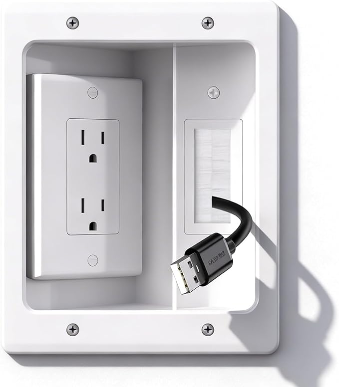Wall Cable Concealer Kit with Recessed Tv Outlet Box-Two-Hole Socket,Tv Cable Hider Wall Kit Hider Box Fits All Plugs, Easy, Safe Cable Management by Naerza