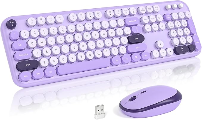 Wireless Keyboard and Mouse, 2.4Ghz USB Retro Full Size Typewriter Keyboard and Cute Mouse Combo for Windows 7/8/10, Laptop, Desktop, PC, Computer (Purple Colorful)