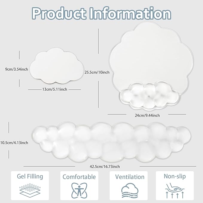 Clear Cloud Wrist Rest and Gel Mouse Pad for Keyboard and Mouse - 3 in 1 Ergonomic Gel Wrist Rest Support Set, Cute Office Accessories for Easy Typing/Computer/Latop/Home/Office