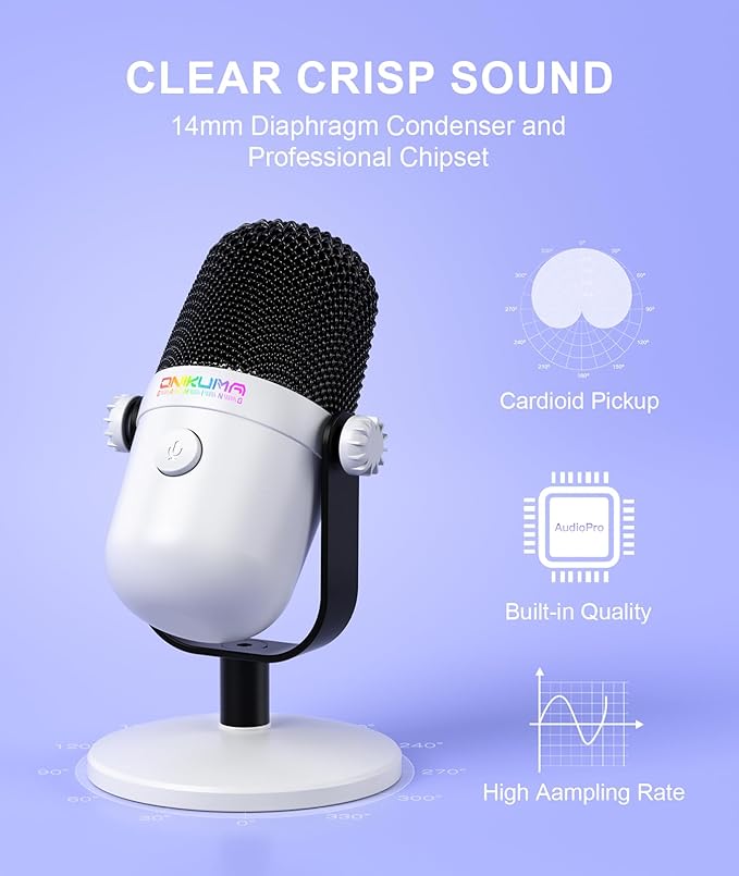 Gaming Microphone with Noise Cancellation & Mute Button, USB Condenser Mic for Streaming/Recording, Ultra-Compact Design, Compatible with PC/Mac/PS4/PS5, Podcast/YouTube/Twitch/Discord (White)