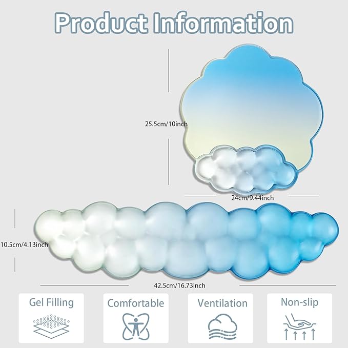 Keyboard Wrist Rest with Cloud Mouse Pad - Gradient Blue Ergonomic Gel Cloud Mouse Pad with Non-Slip Base, Cute Office Accessories for Desktop/Latop/Home/Office
