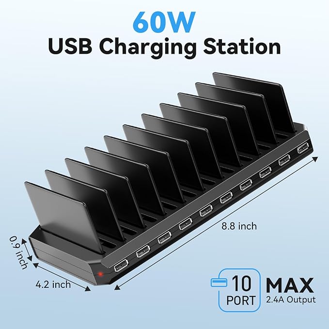 Charging Station for Multiple Devices, Multiple USB Charger Station with 10 Fast Charging Ports, Charging Station for iPhone Apple Watch Samsung Cellphone