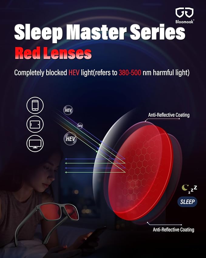 Bloomoak 100% Red Lens Blue Green Light Blocking Glasses- Dual AR Coatings Sleep Glasses Before Bed - Anti Glare, Fatigue