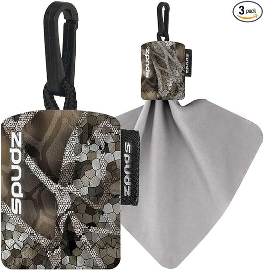 SPUDZ Classic Microfiber Lens Cleaner ?€? Clip-On Pouch, Washable ?€? for Binoculars, Scopes, Glasses, Screens | Classic | Vanish Tan, 6 x 6 Inch (3-Pack) by ALPINEINNOVATIONS