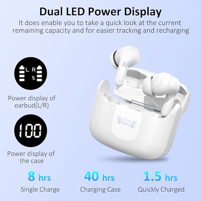Wireless Earbuds, Bluetooth 5.3 Headphones 2025 NEW Ear Buds 40H Bass Stereo in-Ear Earphones ENC Noise Cancelling Earbuds with 4 HD Mic, USB-C LED Display IP7 Waterproof Sport Headset for Android iOS
