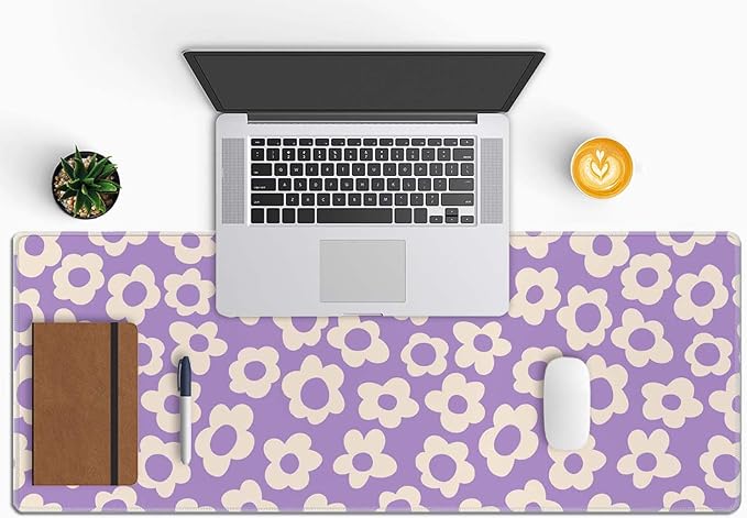 Vintage Groovy Purple Flowers Desk Mat, Extended Big Mouse Mat for Home and Office, Large Gaming Mousepad Laptop Keyboard Mat with Non-Slip Rubber Base, Stitched Edges (31.50"x11.8"x0.12")