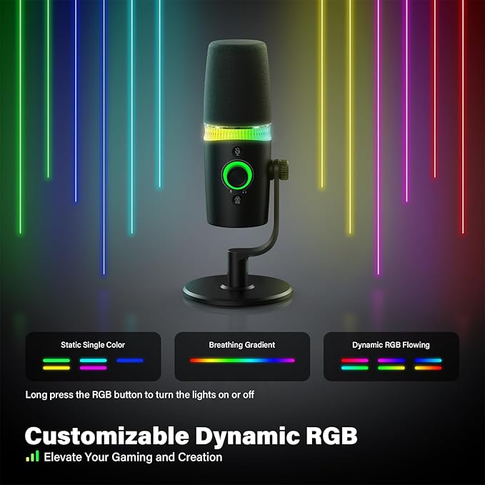USB/XLR Dynamic Microphone Podcast & Gaming Microphone for PC, Vocal Mic with RGB Lighting, Tap-to-Mute, Gain Control & Headphone Monitoring for YouTube Streaming