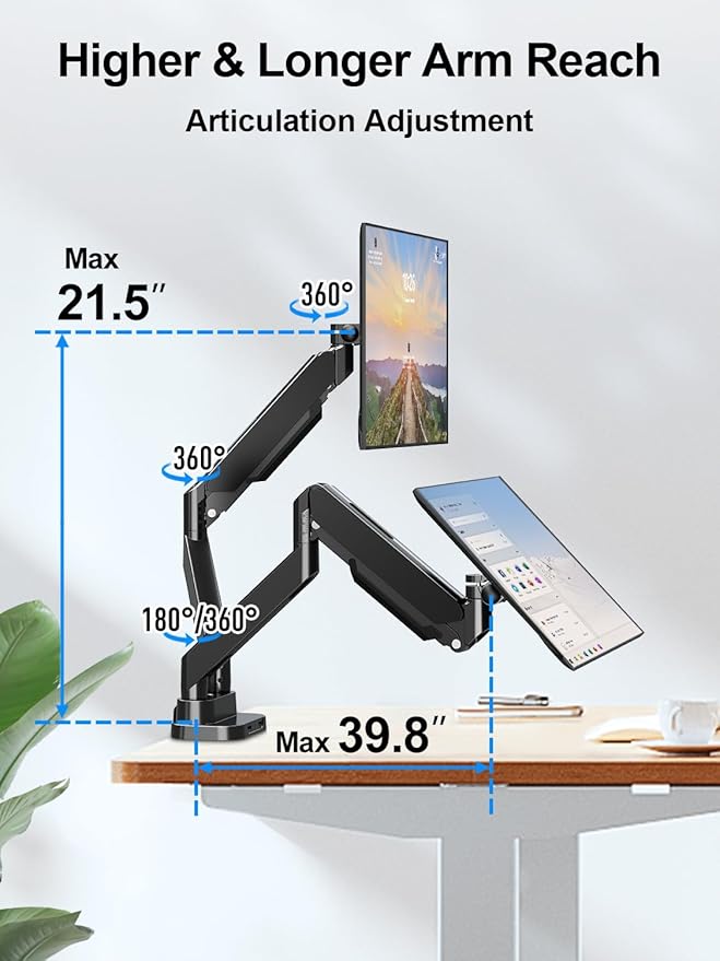 Dual Monitor Mount Fits Max 39" Computer Screen, Hold 4.4-33 lbs Each Ultrawide Desk Mount, Adjustable Gas Spring Double Monitor Arm, Monitor Stand for 2 Monitors with USB, VESA