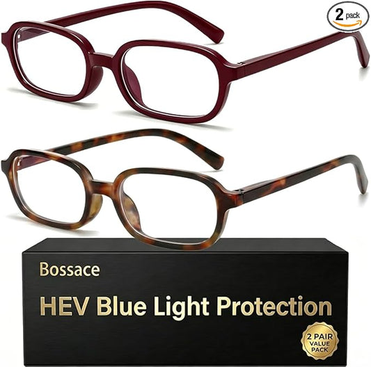 2 Pack Rectangle Blue Light Glasses for Women, Lightweight TR90 Small Frame with Spring Hinge for All-Day Comfort, Anti UV Glare & Eyestrain