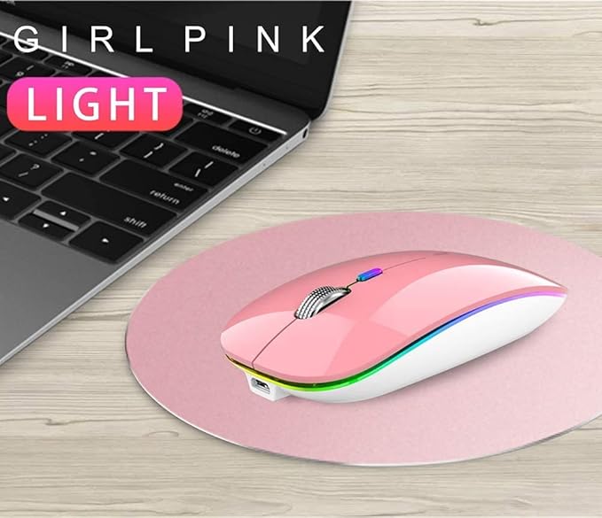 TENMOS Wireless Bluetooth Mouse, LED Slim (Bluetooth 5.1 + USB) 2.4GHz Rechargeable Silent Bluetooth Wireless Mouse with Type C Adapter for Laptop/MacBook/iPad OS 13 and Above (Pink)