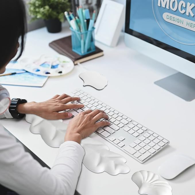 Ergonomic Keyboard Wrist Rest, Leaf Shape PU Leather Memory Foam Wrist Support for Computer Keyboard, Keyboard Pad and Cute Mouse Wrist Pad for Gaming,Office, Computer, Typing Pain Relief, White